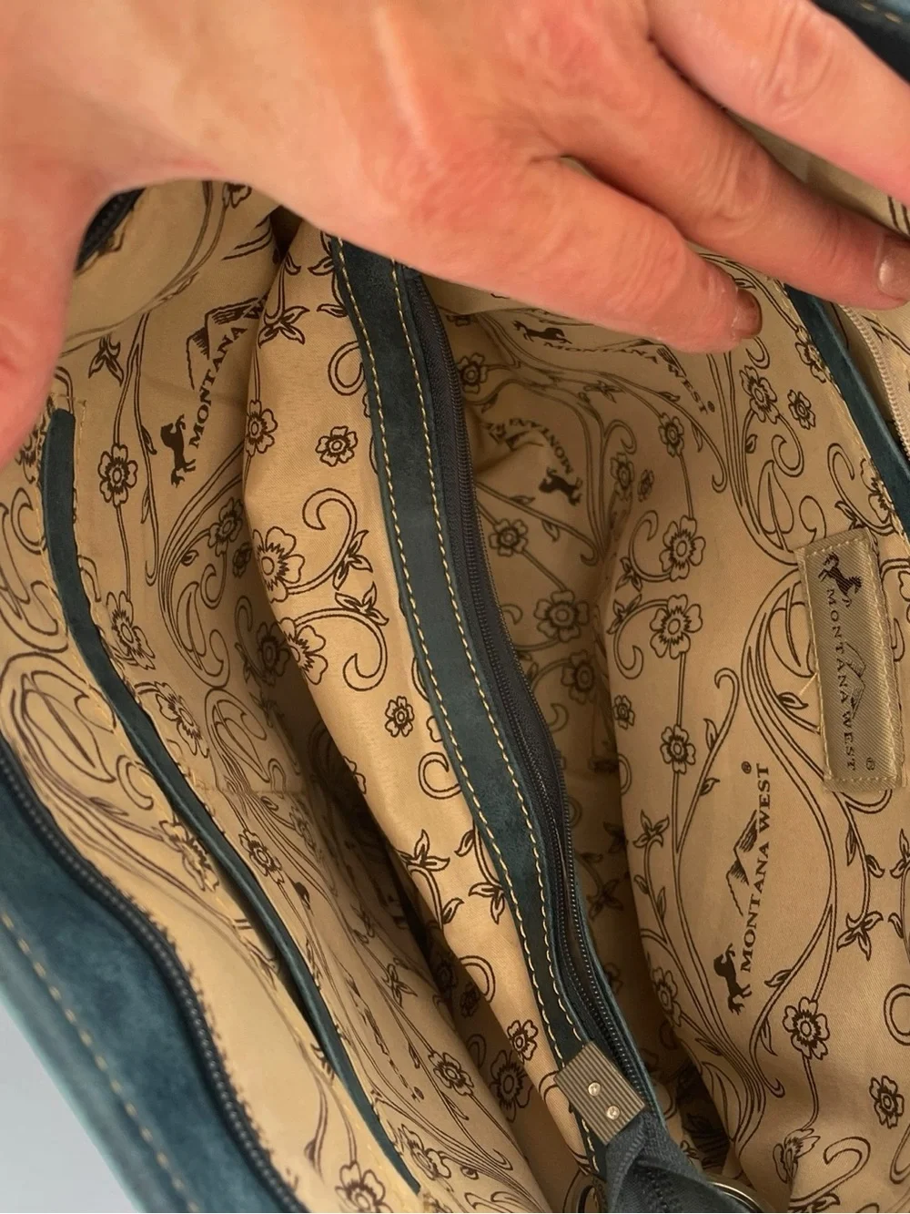 NWOT Montana West Turquoise Tooled Faux Leather Studded Western Tote Handbag